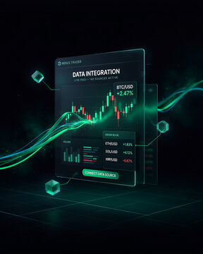 Digital screen showing cryptocurrency price chart with data integration interface and futuristic background elements