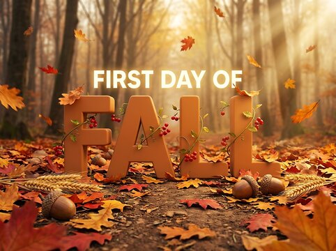 First day of fall represented by large 3D letters surrounded by colorful autumn leaves acorns and wheat in a forest setting symbolizing seasonal change.