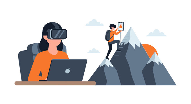 Woman wearing VR headset working on laptop with conceptual illustration of mountain climber reaching for success, virtual reality training and goal achievement concept.