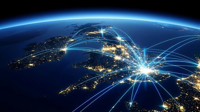 United Kingdom overlaid with glowing blue network lines connecting major cities, global communication, travel, and business connectivity concept.
