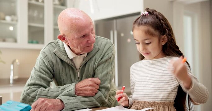 Coloring, homework and child with grandpa in kitchen, skill development or creative project in home. Senior man, talk and kid with assignment, family bonding and cognitive growth with crayon in house