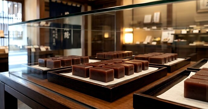 a glass display case, Kiri Yokan, rectangular blocks of traditional sweet bean jelly cut into easy-to-eat pieces, deep red-brown color with a smooth, semi-glossy surface