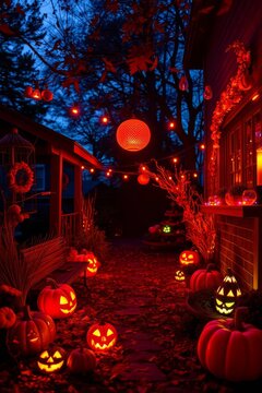 Halloween Backyard Porch Decorated with Glowing Jack O Lanterns and Red Lights