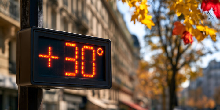 Digital street thermometer showing 30 degrees Celsius on a hot autumn day in Paris with blurred city buildings and colorful fall leaves in the background