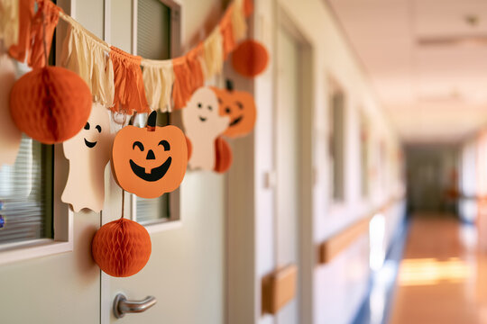 Halloween decorations with paper pumpkins and friendly ghosts displayed in a hospital corridor, creating a cheerful seasonal atmosphere for patients and staff