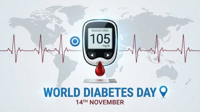 World diabetes day concept with a glucose meter showing 105 mgdl, a blood drop, and a heartbeat line over a world map background world diabetes day