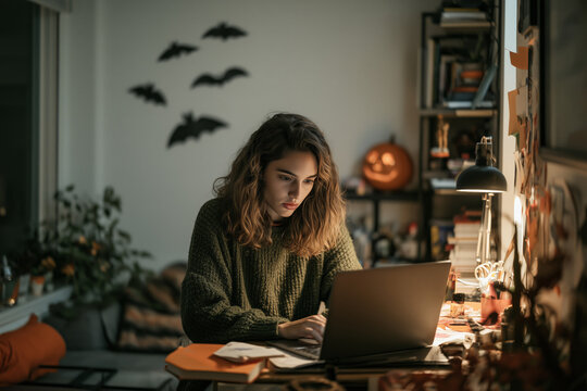 Woman working on a laptop in a cozy home office decorated for Halloween with pumpkins and bats, combining remote work with seasonal autumn atmosphere
