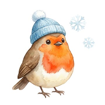 Cute cartoon robin bird wearing knitted blue winter hat with pom pom and falling snowflakes on white background, festive seasonal illustration for holidays.
