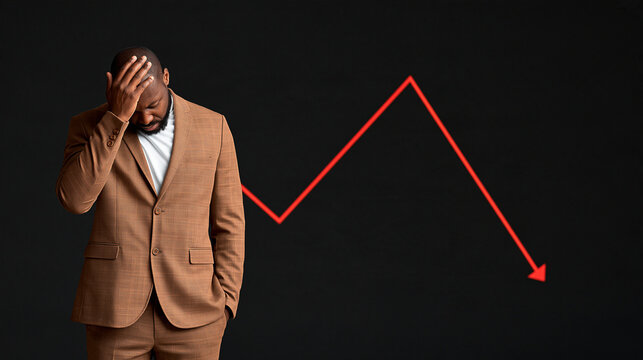 African American man in suit stressed by falling financial graph on black background  