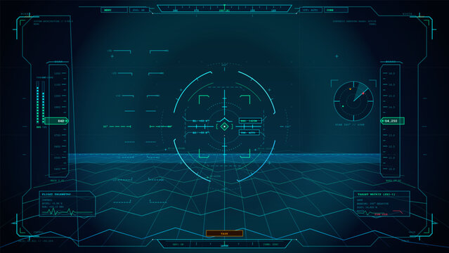 A futuristic digital interface displays a central targeting reticle with radar indicators and telemetry panels above a wireframe terrain grid