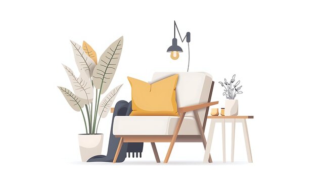 Cozy living room interior with yellow armchair, plants, and floor lamp creating a comfortable and inviting atmosphere.