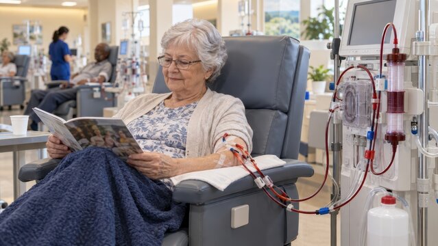 Senior Caucasian woman reading magazine while connected to dialysis tubing and hemodialysis machine during kidney treatment in modern dialysis center