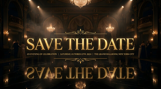Save the date gold typography with reflection on a dark luxury ballroom background for wedding events