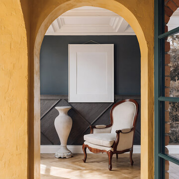 Archway framing a cozy living room with a classic armchair, decorative vase, and blank wall art mockup under warm interior illumination.