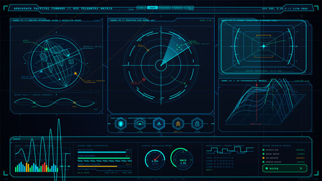 A futuristic tactical interface displays circular radar screens, an orbital globe, a wireframe terrain graph, waveforms and status gauges in glowing cyan lines