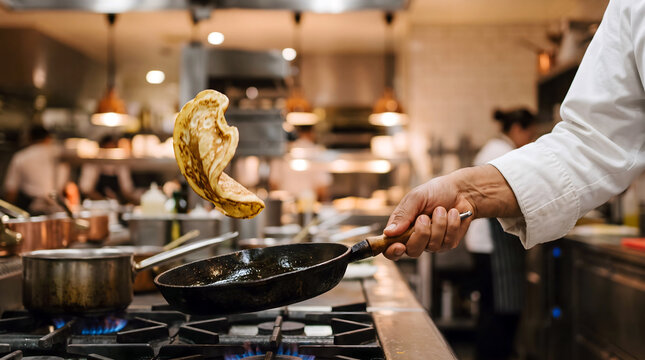 A chef's hand flips a pancake mid-air over a skillet, capturing the skill and energy of professional kitchen cooking in one frozen instant.
