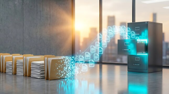 Digital document management transferring files from row of folders to modern filing cabinet with glowing data streams and cityscape background.