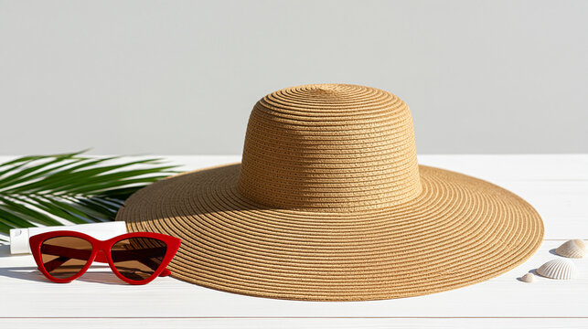Wide brim straw hat and red sunglasses on white table with palm leaf