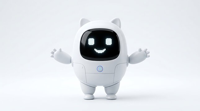 White cartoon robot with pixelated face stands on a white surface