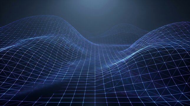 Abstract technology background with blue glowing grid landscape and flowing digital lines futuristic network connections for data visualization and cyberspace concept.