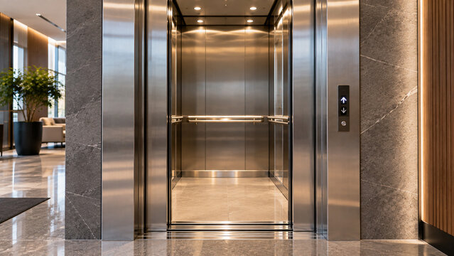 Open modern stainless steel elevator in luxury apartment building lobby