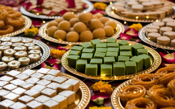 Close-Up Indian Wedding Sweets Buffet with Kaju Katli, Pista Barfi, Laddoo and Jalebi on Ornate Silver and Brass Trays Decorated with Marigold Flowers and Warm Fairy Lights