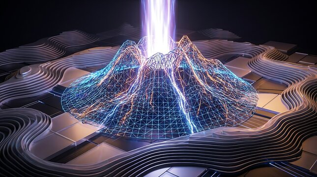 Abstract digital mountain landscape with glowing light beams and intricate wireframe structure representing data processing and powerful energy flow in a futuristic concept.