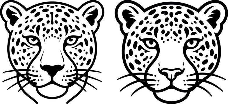 Set of two leopard or jaguar head icons, stylized big cat portraits with spots and whiskers, vector illustration