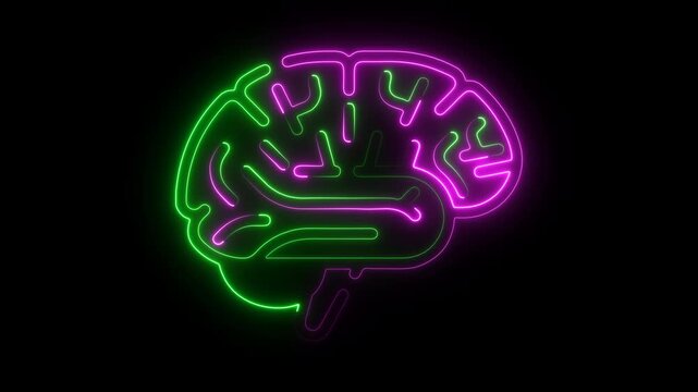Neon outline of human brain split into purple and green halves on black background glow 4k video.