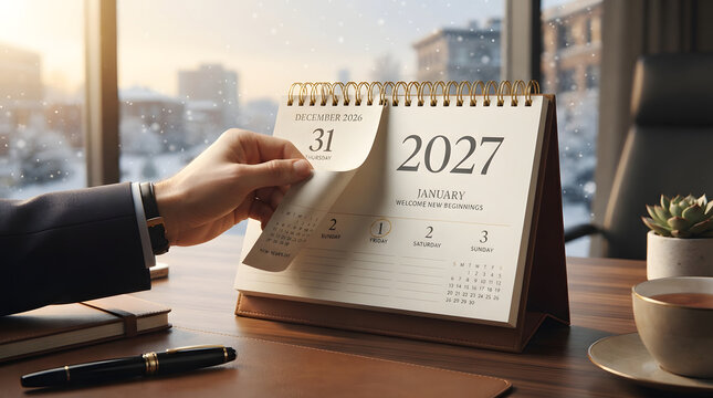 Desk calendar page flipping from december 31 to january 27, suitable for website banners, social media posts, and print materials.