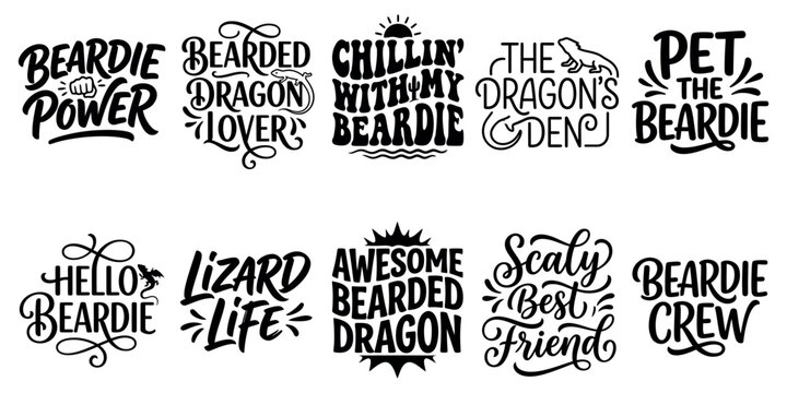 Set of bearded dragon lizard quotes and typography designs for t-shirt prints and stickers Minimal Typography text bundle collection. Editable Vector Illustration pack