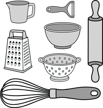 Kitchen Preparation Tools Collection Black and White Minimal Line Art Vector Set