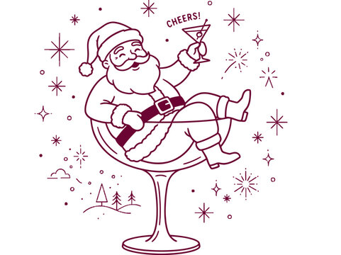 Santa claus sitting in a large martini glass holding a cocktail with a cheers sign, festive holiday celebration vector illustration