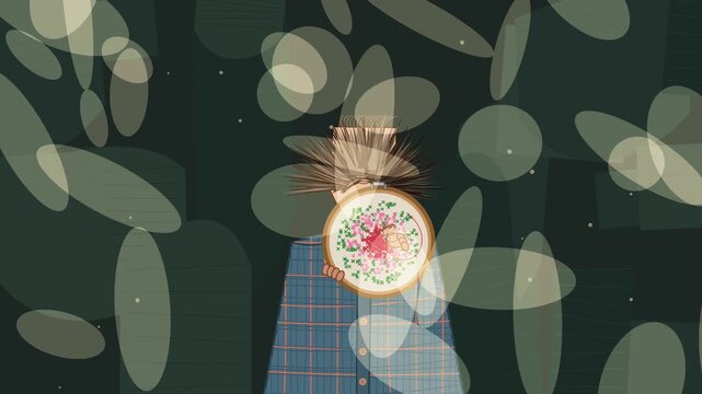 Whimsical UPA style animation of a person holding an embroidery hoop with a floral design against a green background with floating bokeh shapes