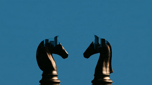 Two black chess knight pieces facing each other on a blue background  