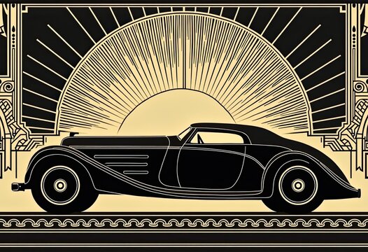 Classic car silhouette stands under golden sunburst design