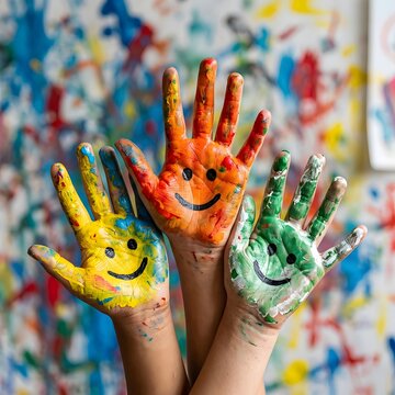 Colorful painted hands with smiley faces world smile day joyful childhood art