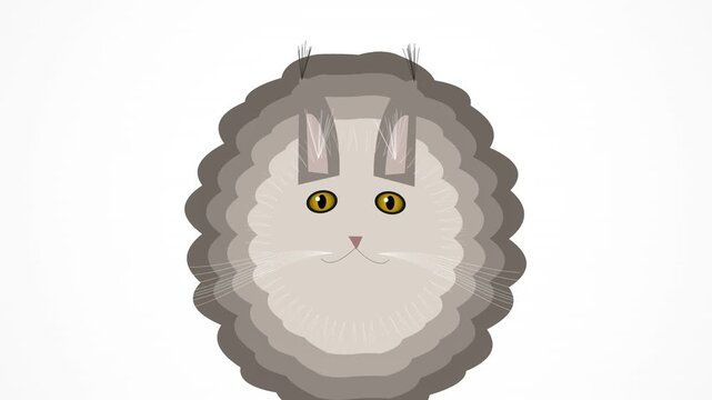 Cute cartoon fluffy grey cat vector illustration with yellow eyes and round body shape on white background