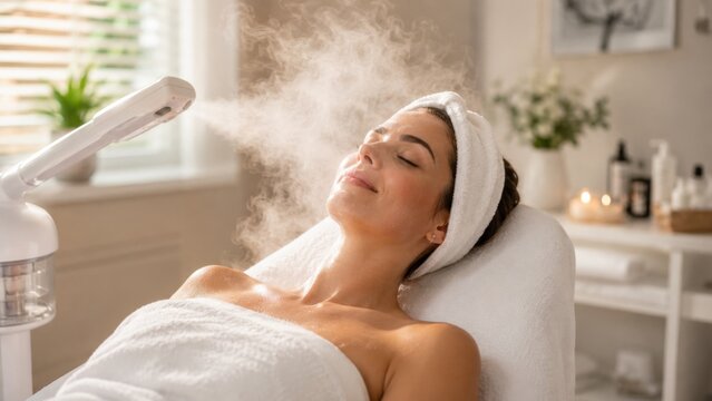 Woman receiving warm facial steam treatment for deep cleansing and skincare at beauty spa