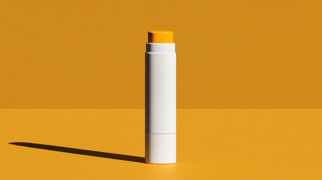 Lip balm stick on yellow background in bright sunlight  