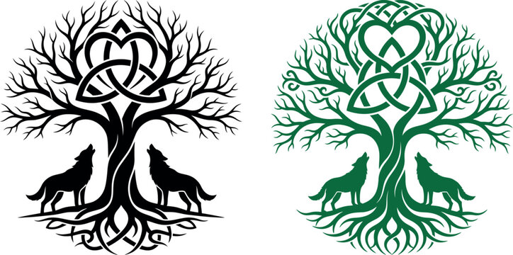 Celtic tree of life with two howling wolves and a heart shaped triquetra knot symbol, vector illustration