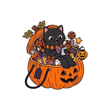 Cute Black Cat Sitting Inside Pumpkin Treat Bag Filled With Candy Gifts Lollipop Ghost Lantern And Autumn Decorations Festive Kawaii Cartoon Illustration Isolated On White Background