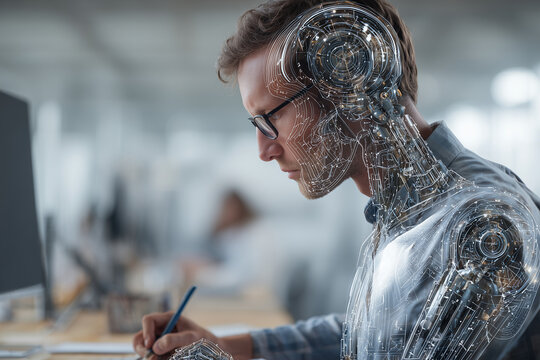 Cyborg Intelligence: A man with a partially robotic head, showcasing intricate chrome mechanics and wires, concentrates on his work.