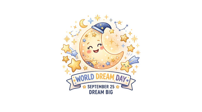 "WORLD DREAM DAY" and "SEPTEMBER 25 DREAM BIG" in a soft watercolor style, smiling crescent moon character in a blue-and-white striped sleeping cap floats among many yellow and blue stars