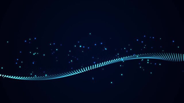 Abstract blue digital wave of glowing particles on dark background