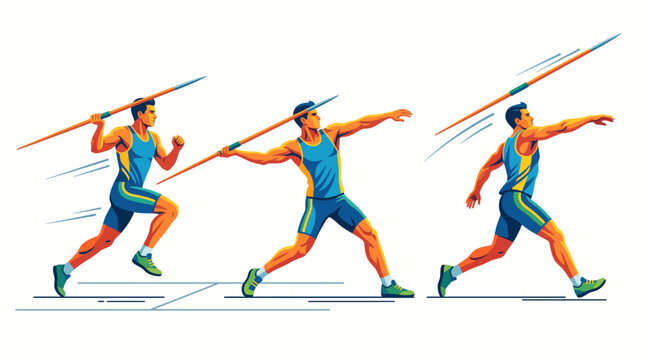 Athletic male javelin thrower demonstrating proper technique in dynamic running pose with competitive sportswear