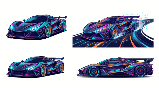 Futuristic neon hypercar concept showcasing aerodynamic design in multi-angle studio composition