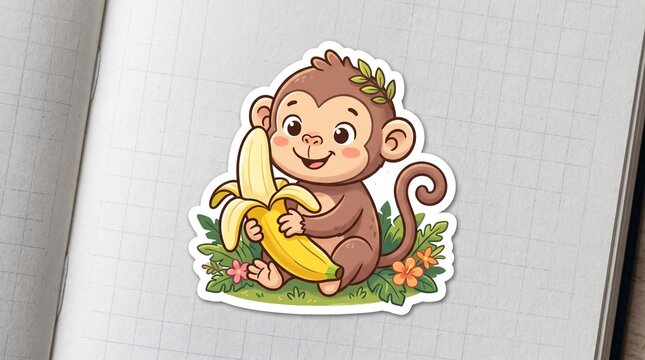 Cute cartoon monkey holding a yellow banana sticker on a white grid paper background, with tropical leaves, and flowers