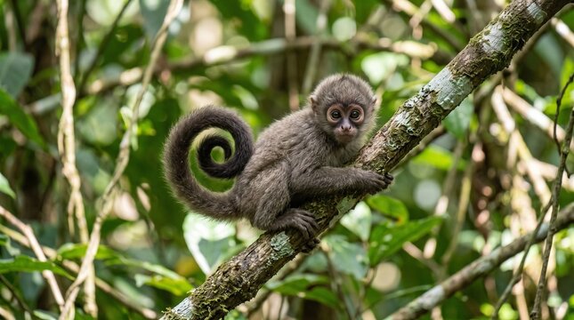 Small spider monkey with a curled tail sitting on a mossy tree branch in a dense tropical rainforest with blurred green foliage background