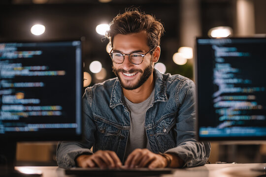 Focused Coder at Work: A smiling young man with glasses and a denim jacket intensely types on a keyboard.